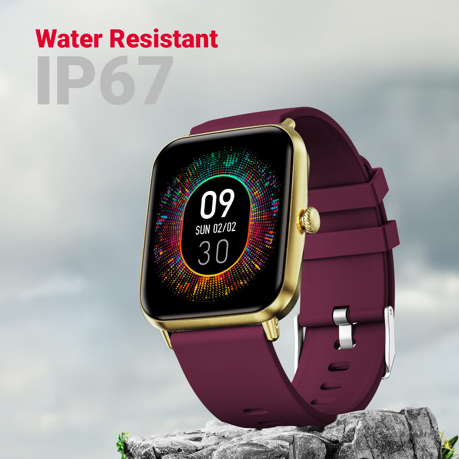 Fire-Boltt Ninja Call Pro Plus in purple with gold case, IP67 water resistant