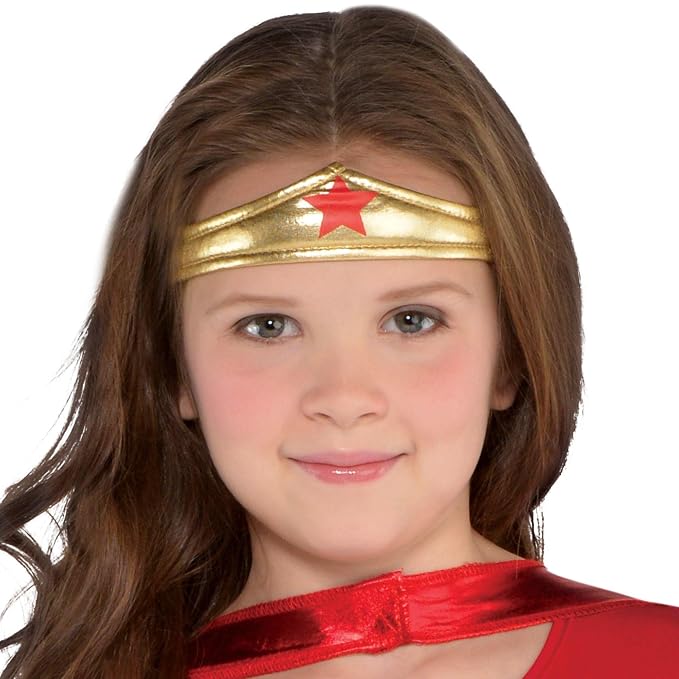 Gold tiara headband with a red star and shiny red cape collar.