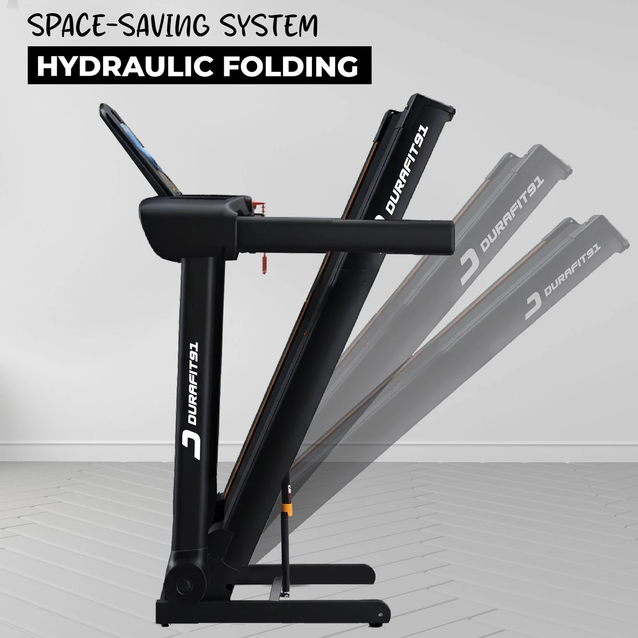Space-saving hydraulic folding system. The deck lifts smoothly to an upright position, so the treadmill takes far less floor space when stored. A practical choice for apartments, bedrooms, and shared living areas.