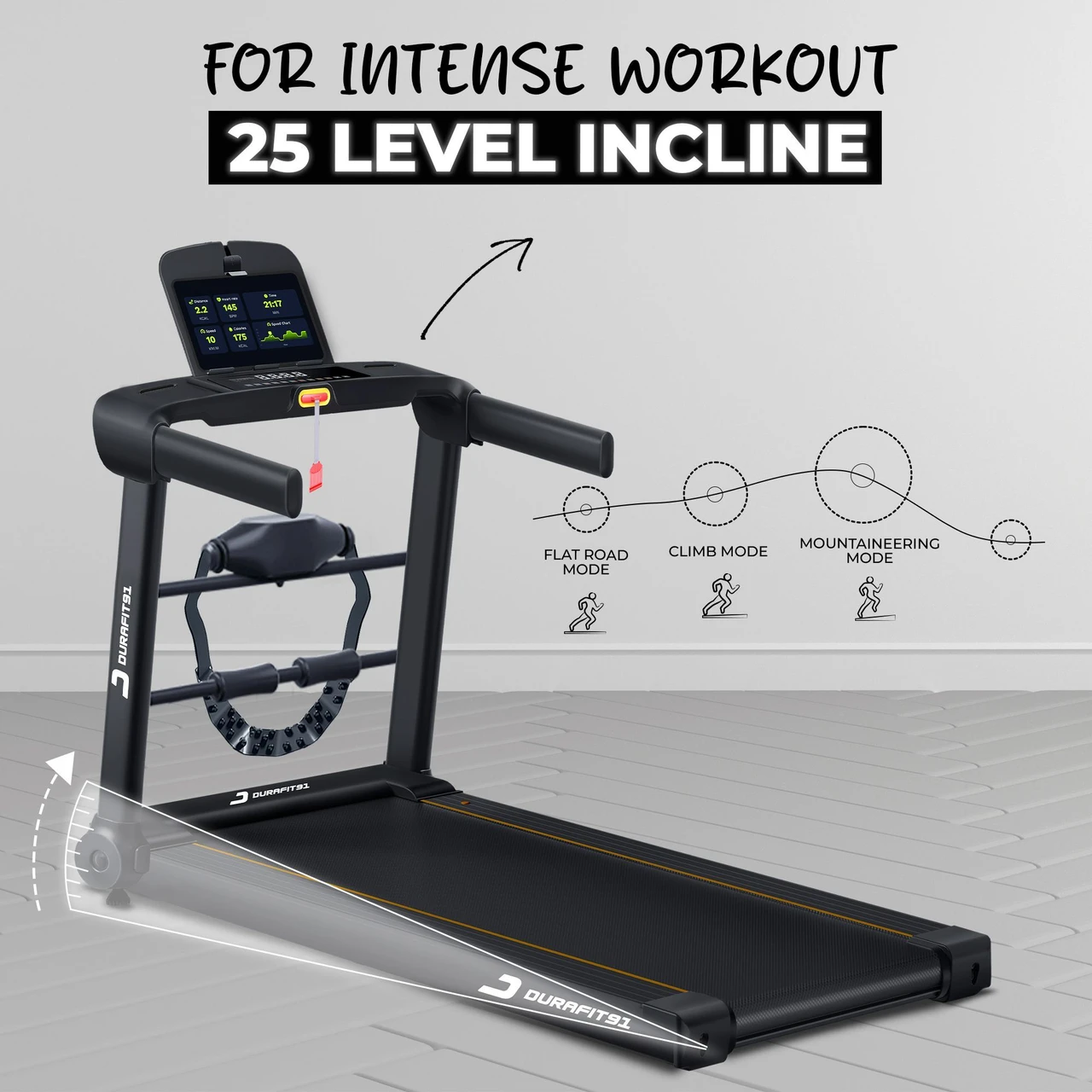 25-level auto incline for intense workouts. Switch from a flat road walk to climb mode or mountaineering mode at the touch of a button. Varying the slope builds leg strength, burns more calories, and keeps training interesting without extra equipment or leaving home.