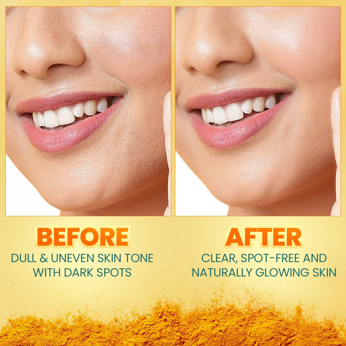 Before and after comparison showing dull, uneven skin with dark spots versus clearer, glowing skin (results vary)