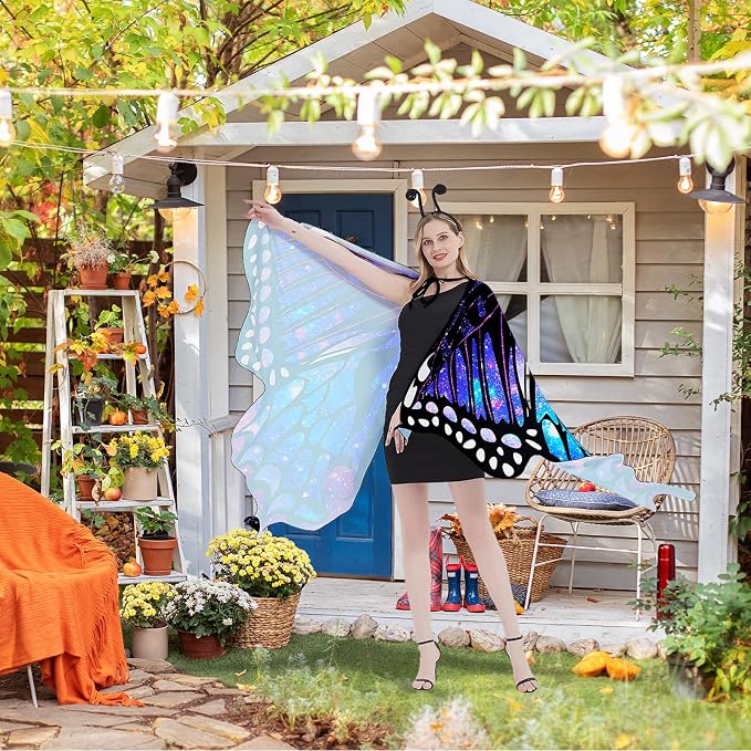 Butterfly wings costume worn as a cape in an autumn garden setting