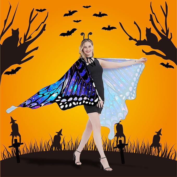 Side view showing the flowing, sheer wing fabric and its wide spread