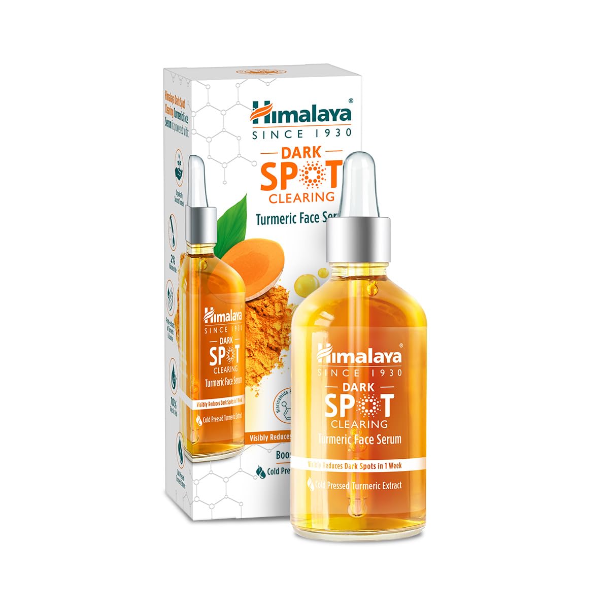 Himalaya Dark Spot Clearing Turmeric Face Serum - retail box front view with the dropper bottle and turmeric
