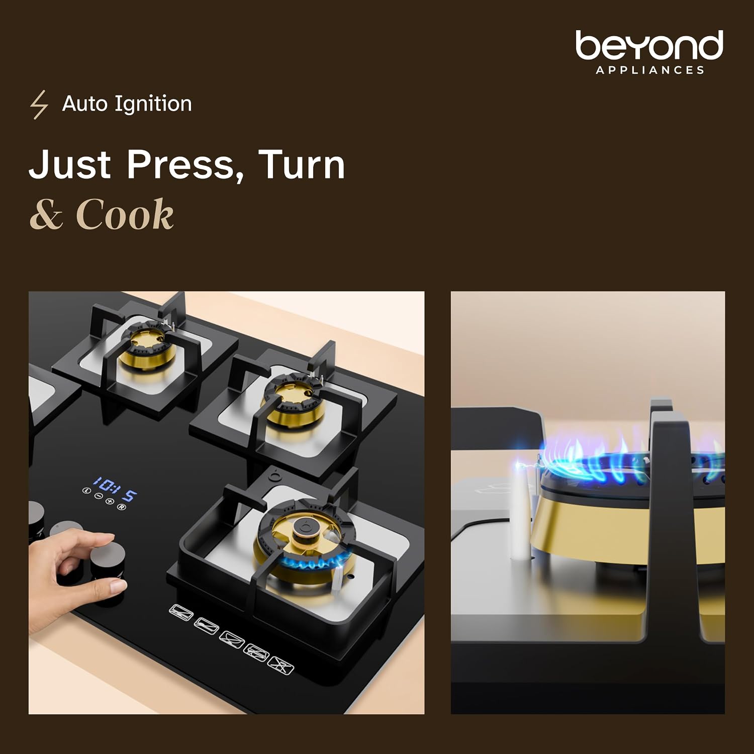 Safety that steps in instantly. The flame failure device cuts the gas supply automatically if the flame goes out, from a boil-over, draught or pressure dip, helping prevent unburnt gas leaking into your kitchen. The brass burner's sensor sits right beside the flame, a useful safeguard when you simmer a dish and step away.