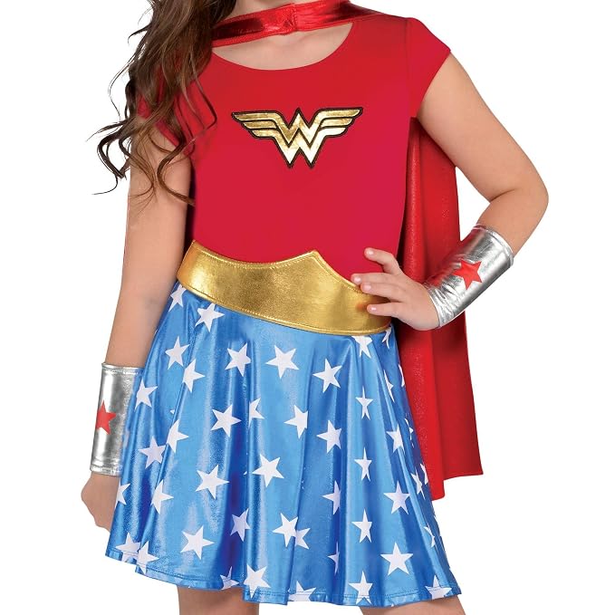 Red top with gold emblem, gold belt, star-print blue skirt, silver star cuff and red cape.