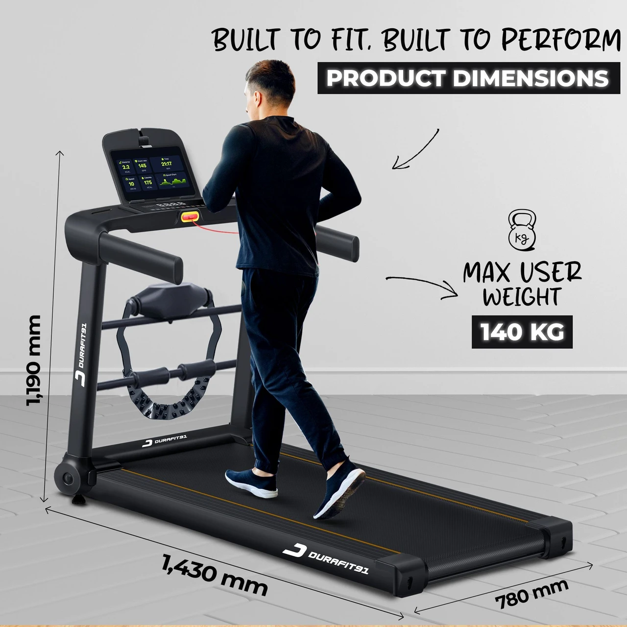 Product dimensions and 140 kg max user weight. In its open position the Surge measures 1,430 x 780 x 1,190 mm. Handrails, display, and safety key stay within easy reach, and it supports users up to 140 kg. Measure your room before buying.