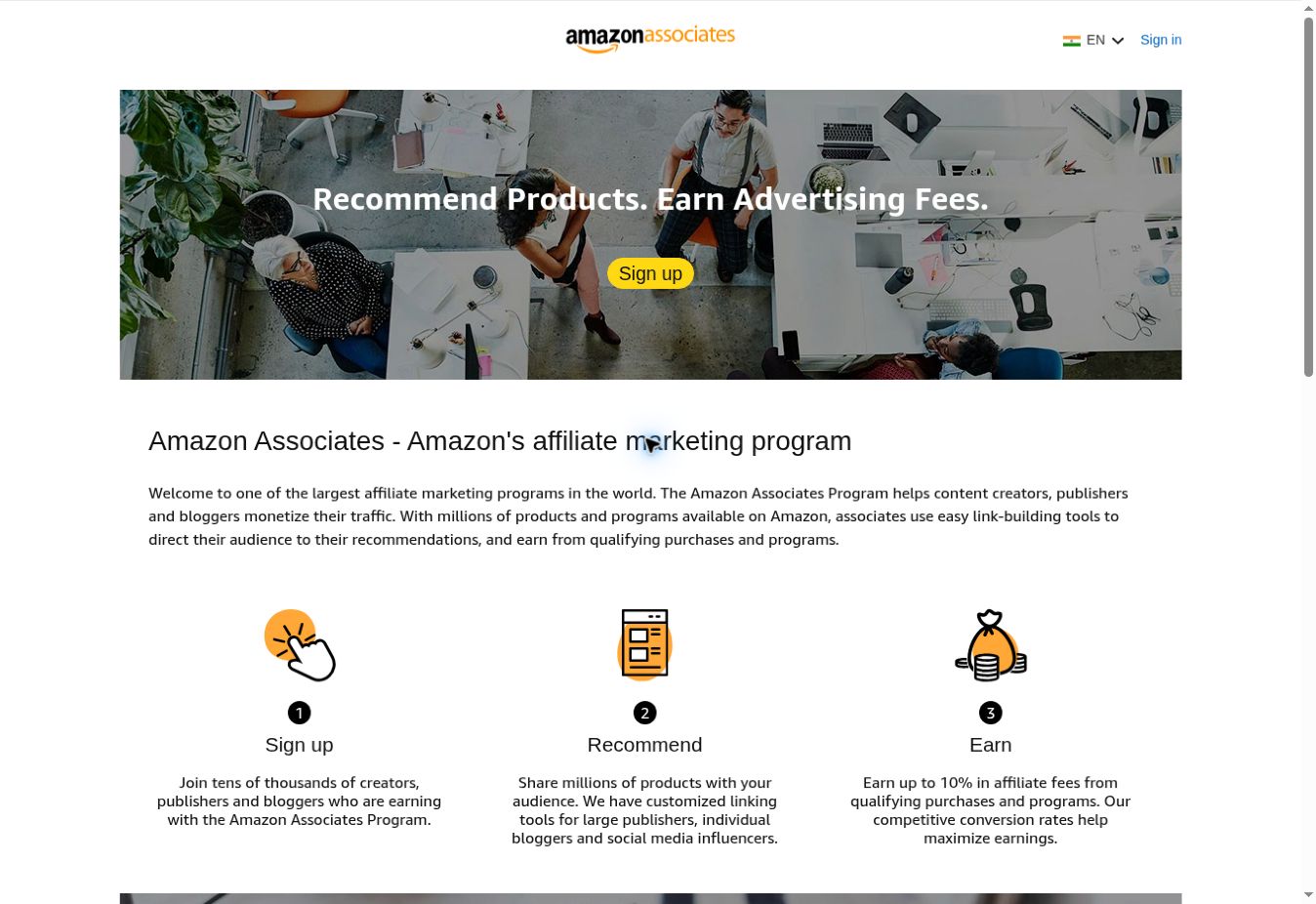 Amazon Associates official public program page, showing where to start
