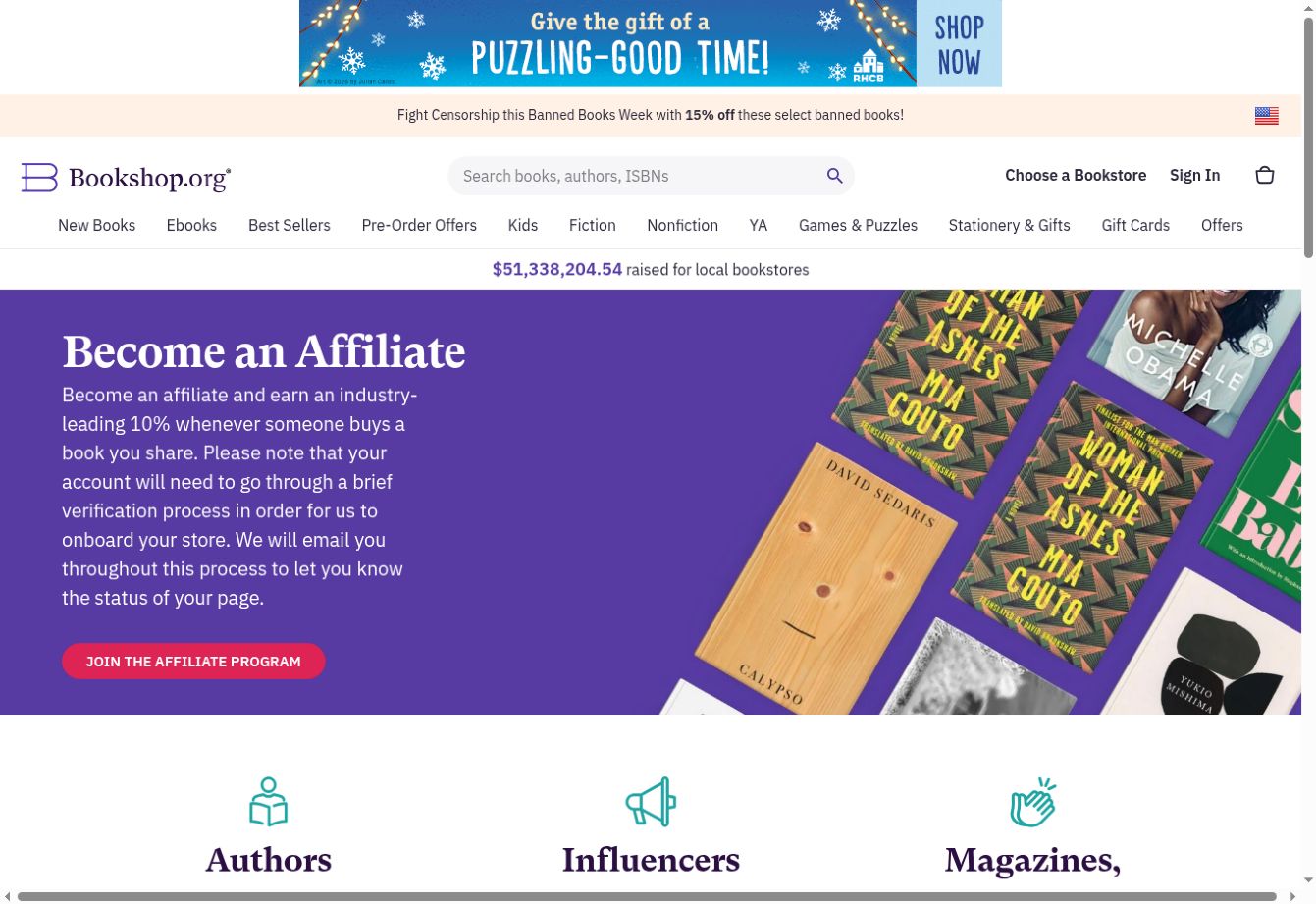 Bookshop.org Affiliate Program official public program page, showing where to start