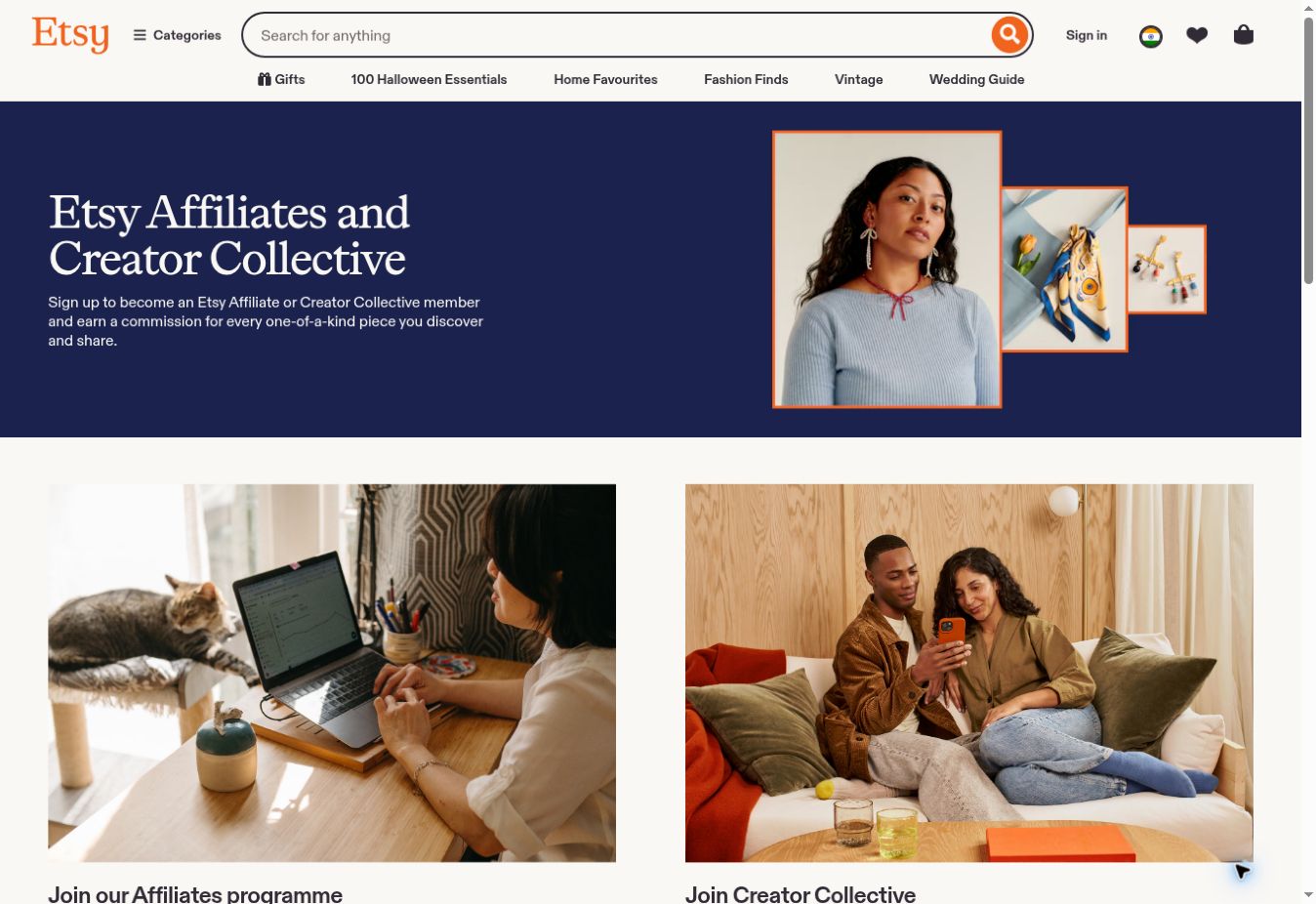Etsy Affiliates & Creator Collective official public program page, showing where to start