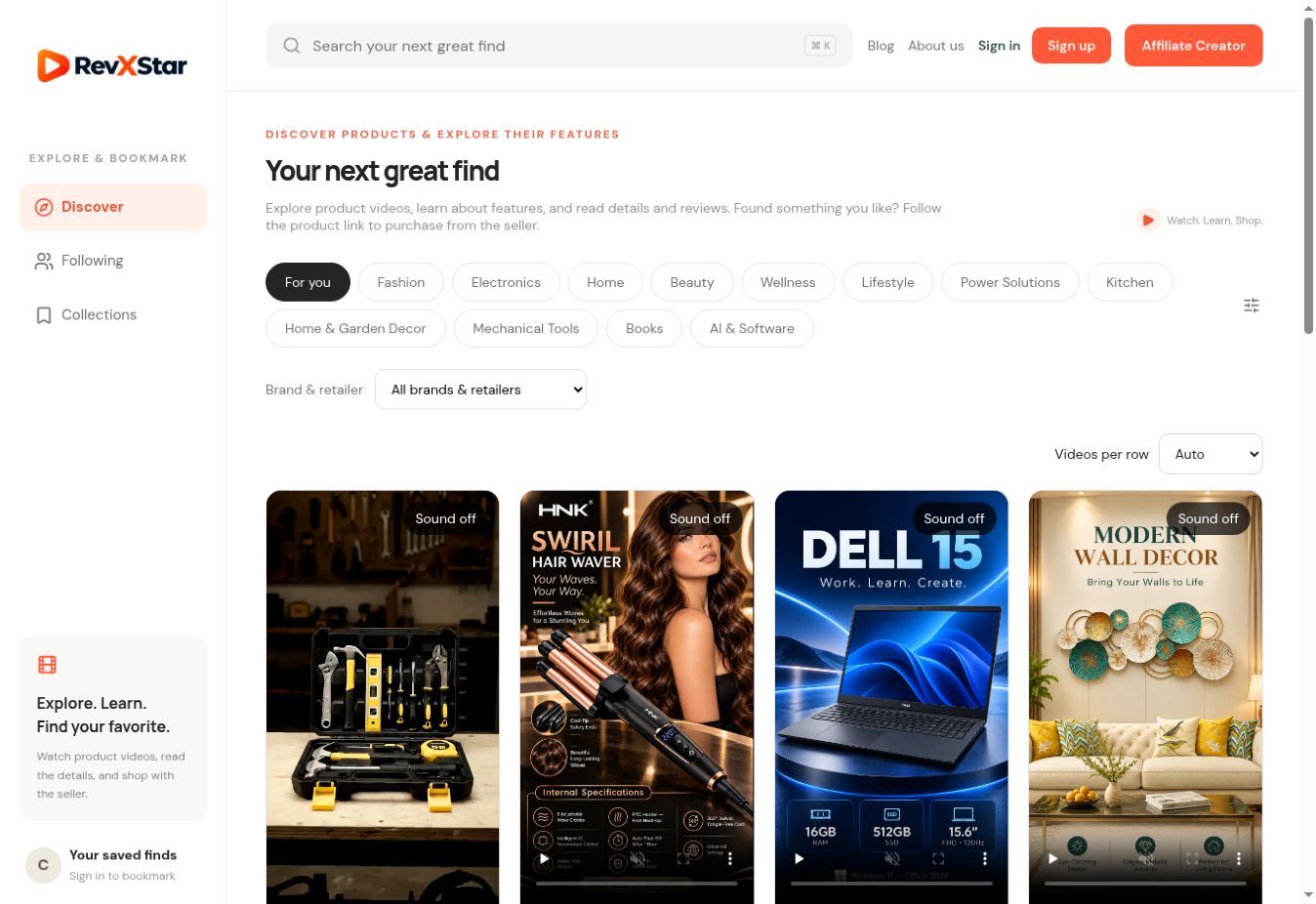 RevXStar homepage with search at the top, category filters, product videos, and Affiliate Creator in the top-right corner