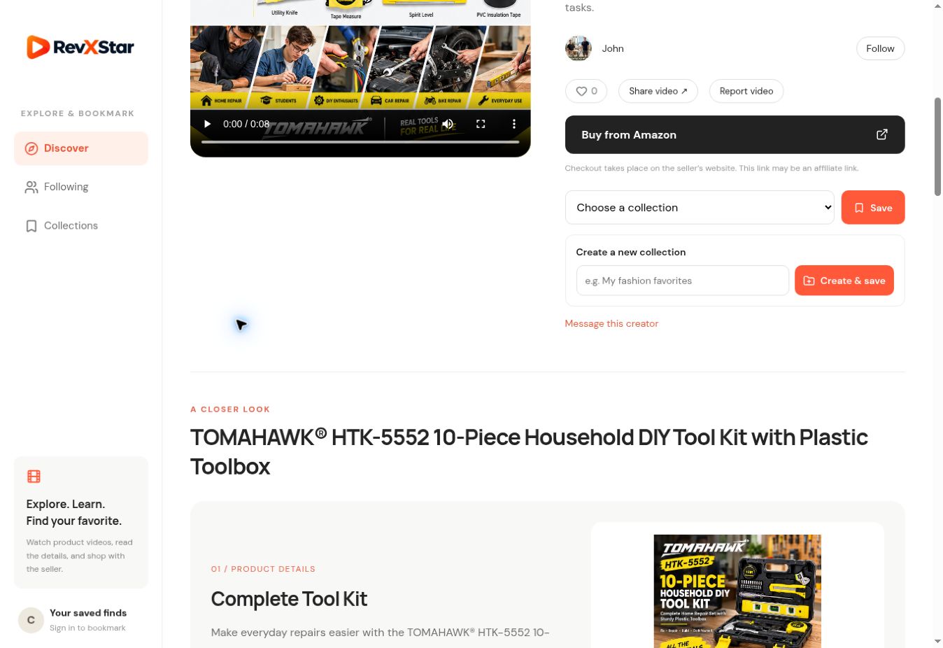 Product page showing Buy from Amazon, Choose a collection, Save, and Create and save controls