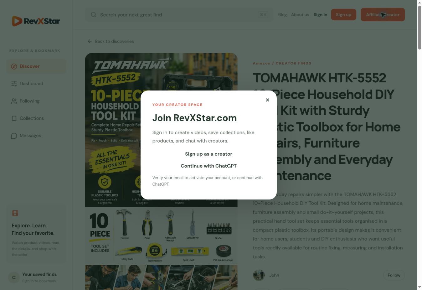 Join RevXStar dialog opened from Affiliate Creator with signup and Continue with ChatGPT options